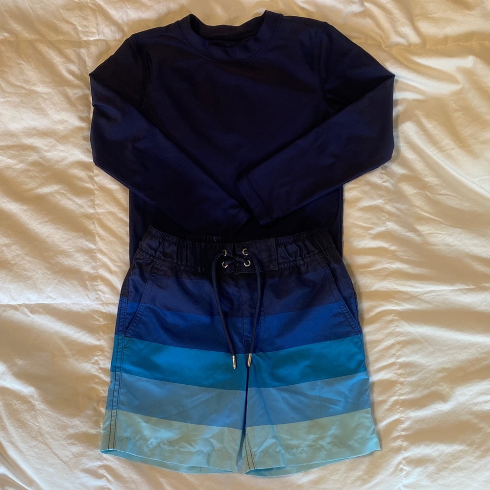 Primary Kids Blue Swim Trunks and Rashguard